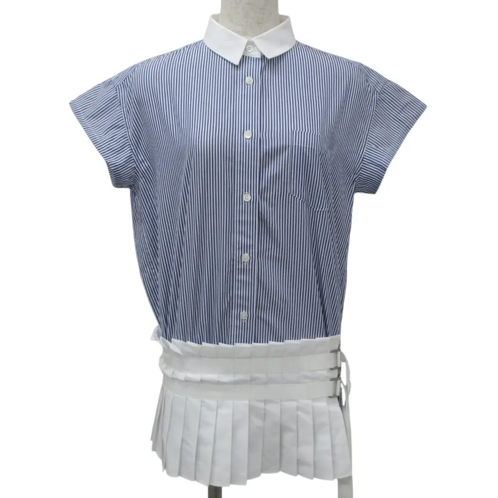 クリーニング済み sacai サカイ ストライプ柄 プリーツドッキング 半袖 クレリックシャツ ブラウス 2 ネイビー系