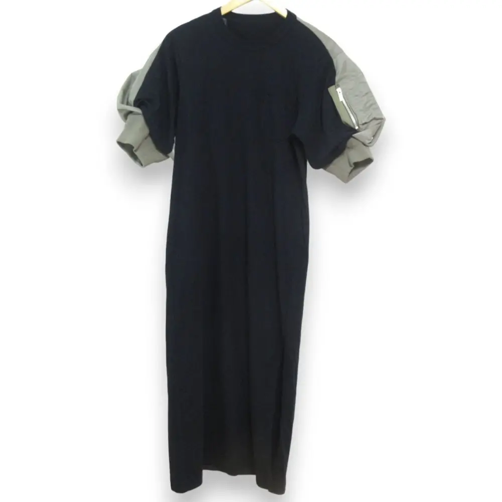 24SS sacai サカイ Twill&Jersey Dress 異素材ドッキング 半袖 ギャザースリーブ ロングワンピース 2 ネイビー×カーキ