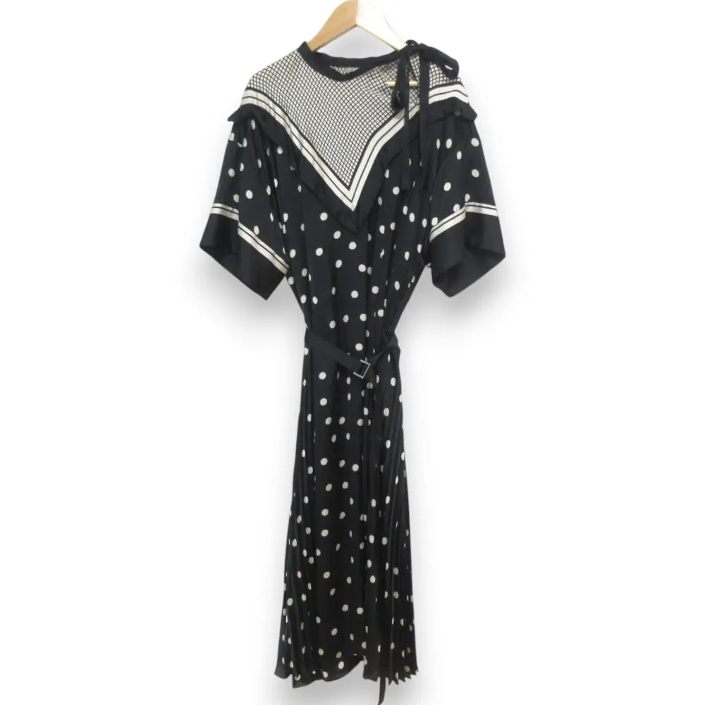 22SS sacai サカイ Plaid Scarf Polka Dots Dress ドット ハーフスリーブ ベルト付き プリーツロングワンピース 1 ブラック