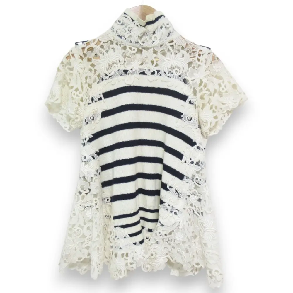 sacai サカイ レースドッキング リブニット ハイネック 半袖 ニット カットソー サイズ1 ネイビー×オフホワイト