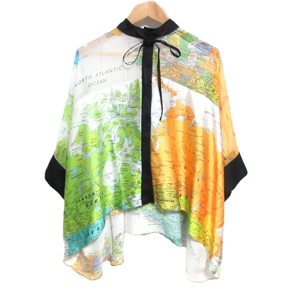 20SS sacai サカイ ワールドマッププリント 地図柄 比翼ボタン リボンタイ シアーシャツ ブラウス 20-04987 2 マルチカラー