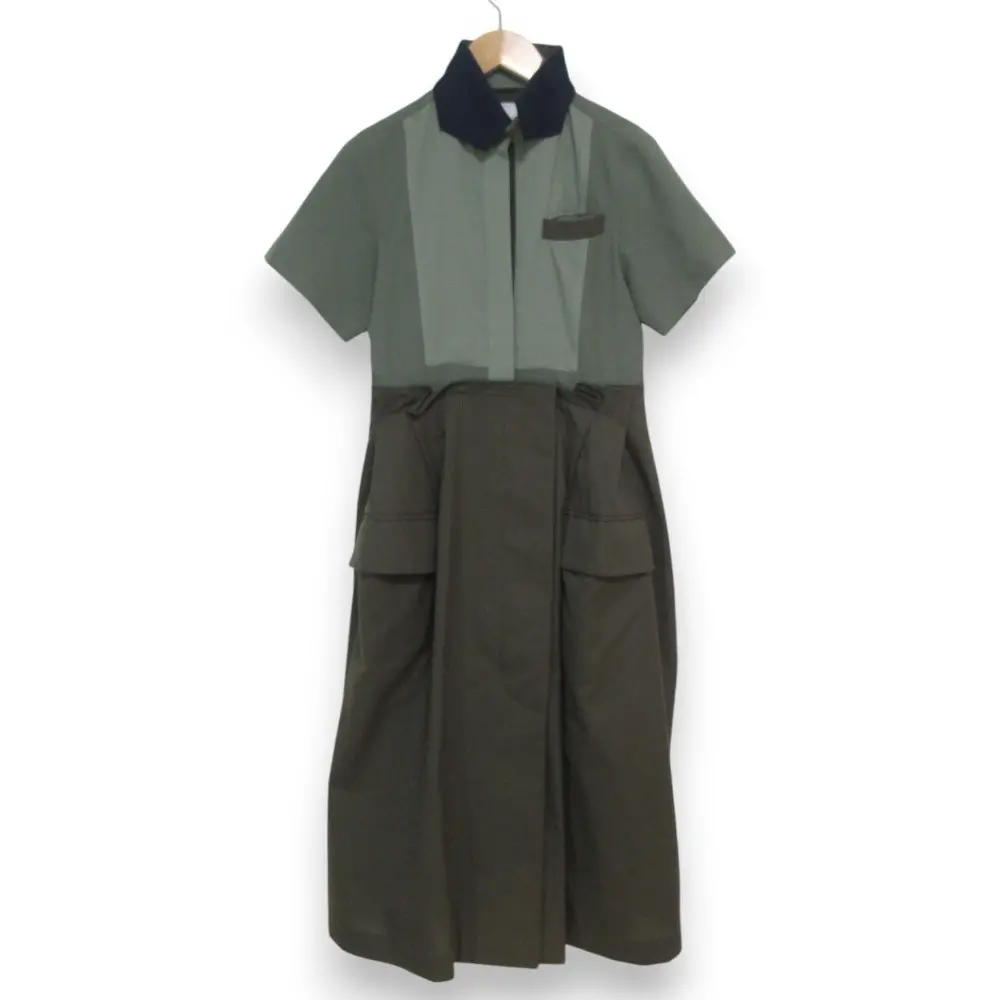 21SS sacai サカイ Suiting Dress ハーフボタン 半袖 ロング丈 シャツワンピース 21-05523 カーキ系