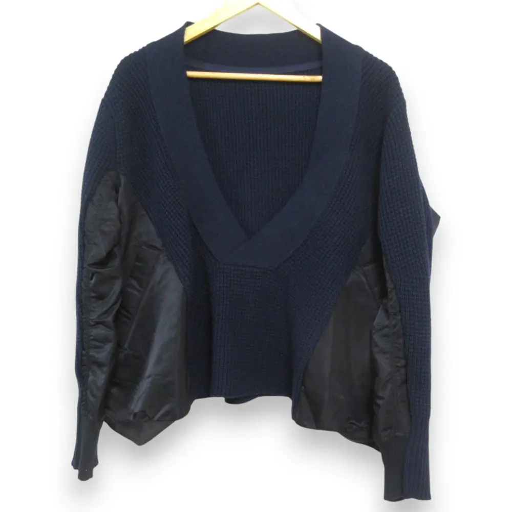 Sacai サカイ 異素材ドッキング Vネック長袖 プルオーバー ニット セーター サイズ2 ネイビー×ブラック