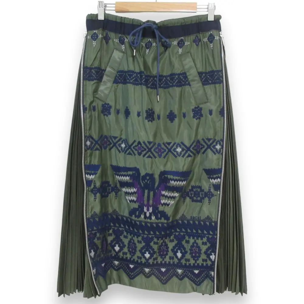 Sacai サカイ 刺繍 サイドファスナー ロング丈 イージーウエスト プリーツスカート カーキ×ネイビー