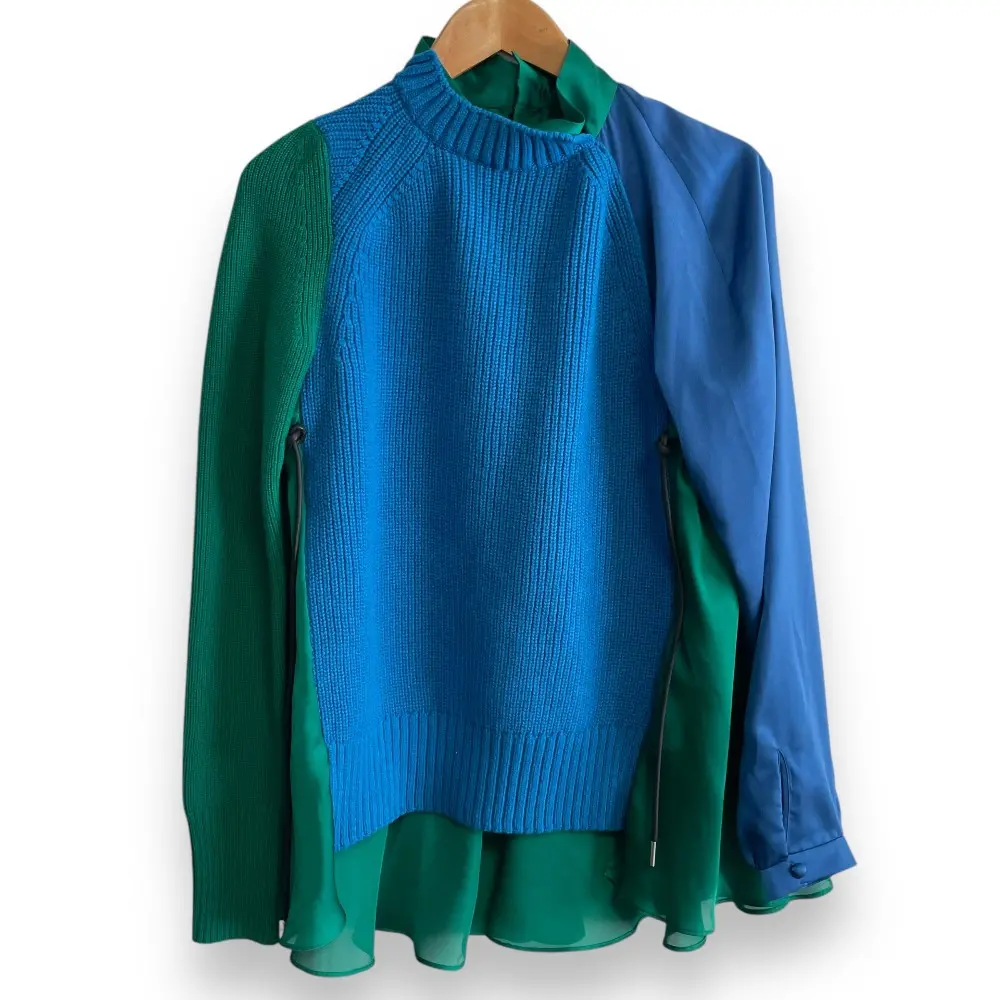 21AW sacai サカイ 長袖 ニットドッキング ドロスト ブラウス 21-05830 2 ブルー×グリーン