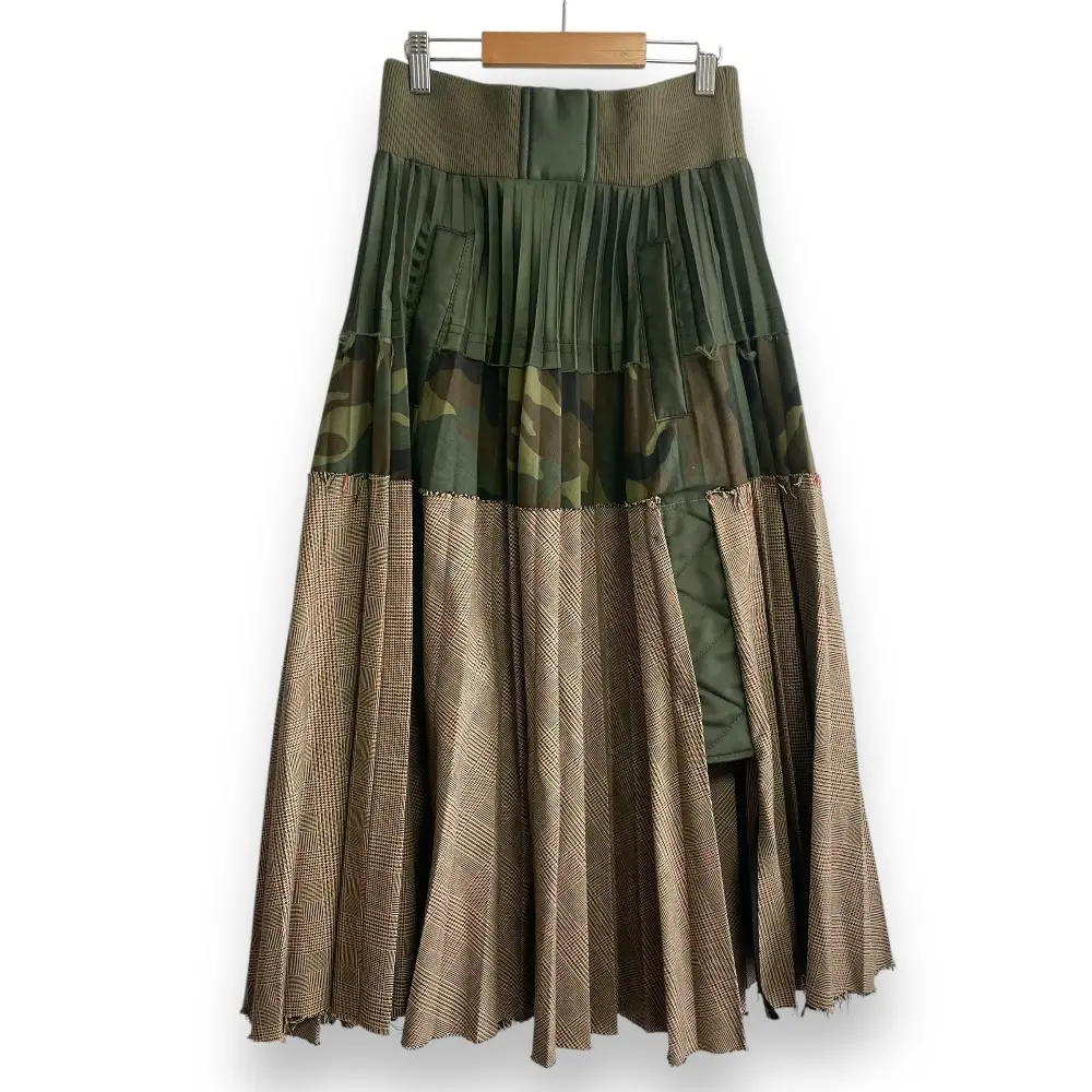 sacai サカイ グレンチェック×カモフラ柄 再構築 MA-1 マキシ丈 プリーツフレアスカート 18-03793 1 カーキ
