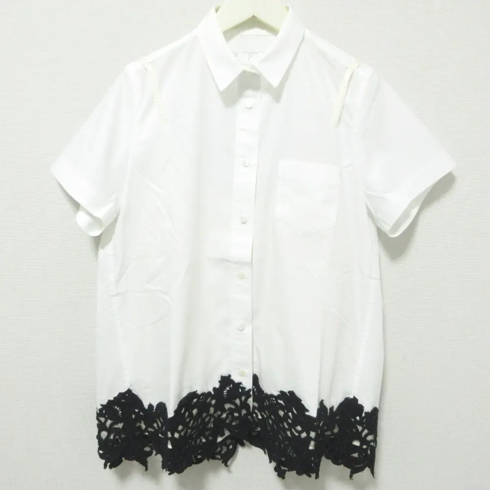 クリーニング済 21SS sacai サカイ 半袖 レースドッキングシャツ ブラウス 21-05595 2 ホワイト×ブラック