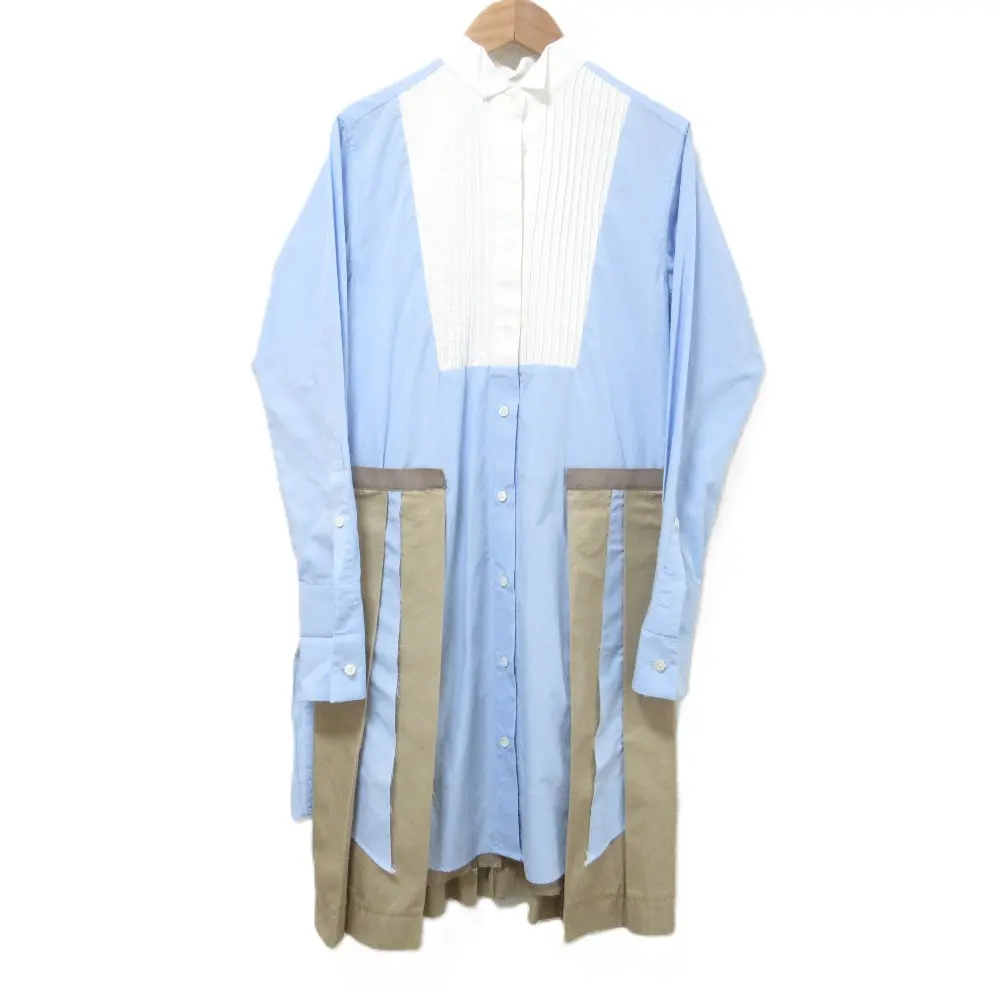 sacai サカイ ギャザー ひざ丈 比翼 ウイングカラー プリーツシャツドレス ワンピース 2 ライトブルー