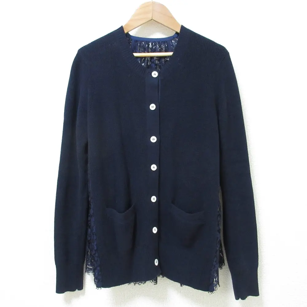 sacai サカイ バックレース ポケット付き ロングスリーブ コットンニットカーディガン 2 ネイビー