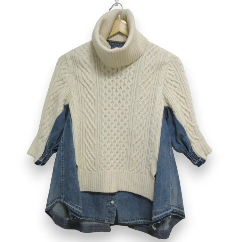 sacai サカイ Denim Knit Combo 異素材ドッキング ハーフスリーブ リブニット カットソー 18-04118 サイズ1 アイボリー×ブルー
