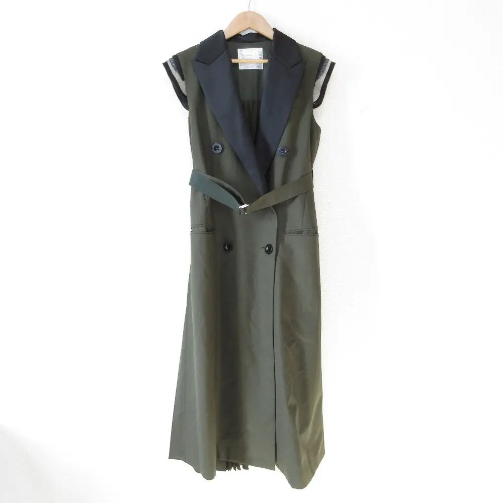 sacai サカイ Suiting Long Vest ドッキングロングジレ ワンピース ノースリーブコート 22-05897 1 カーキ