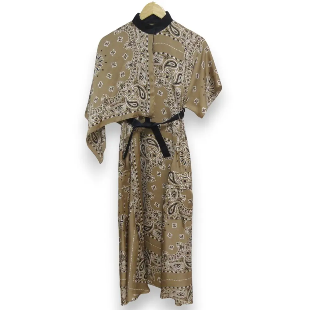 22SS sacai サカイ ペイズリー柄 ボトルネック アシンメトリースリーブ 半袖 ロングドレス ワンピース 22-05930 1 ブラウン系