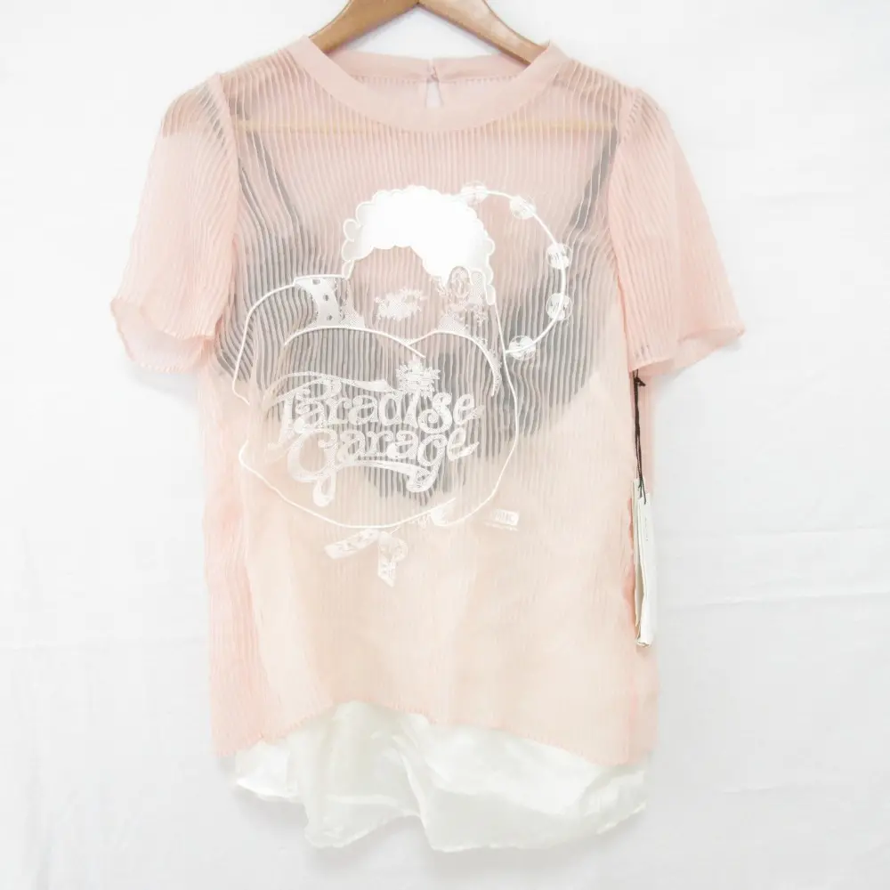 sacai サカイ パラダイスガレージ ロゴ キャミソールドッキング 半袖 プルオーバー シアーブラウス カットソー サイズ1 ピンク系