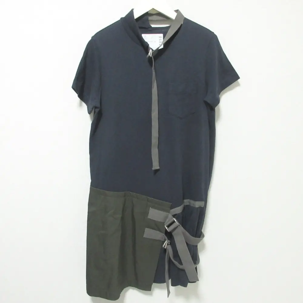 sacai サカイ ショートスリーブ 半袖 ベルテッド ドッキングカットソー チュニック ワンピース 16-02856 2 ネイビー×カーキ