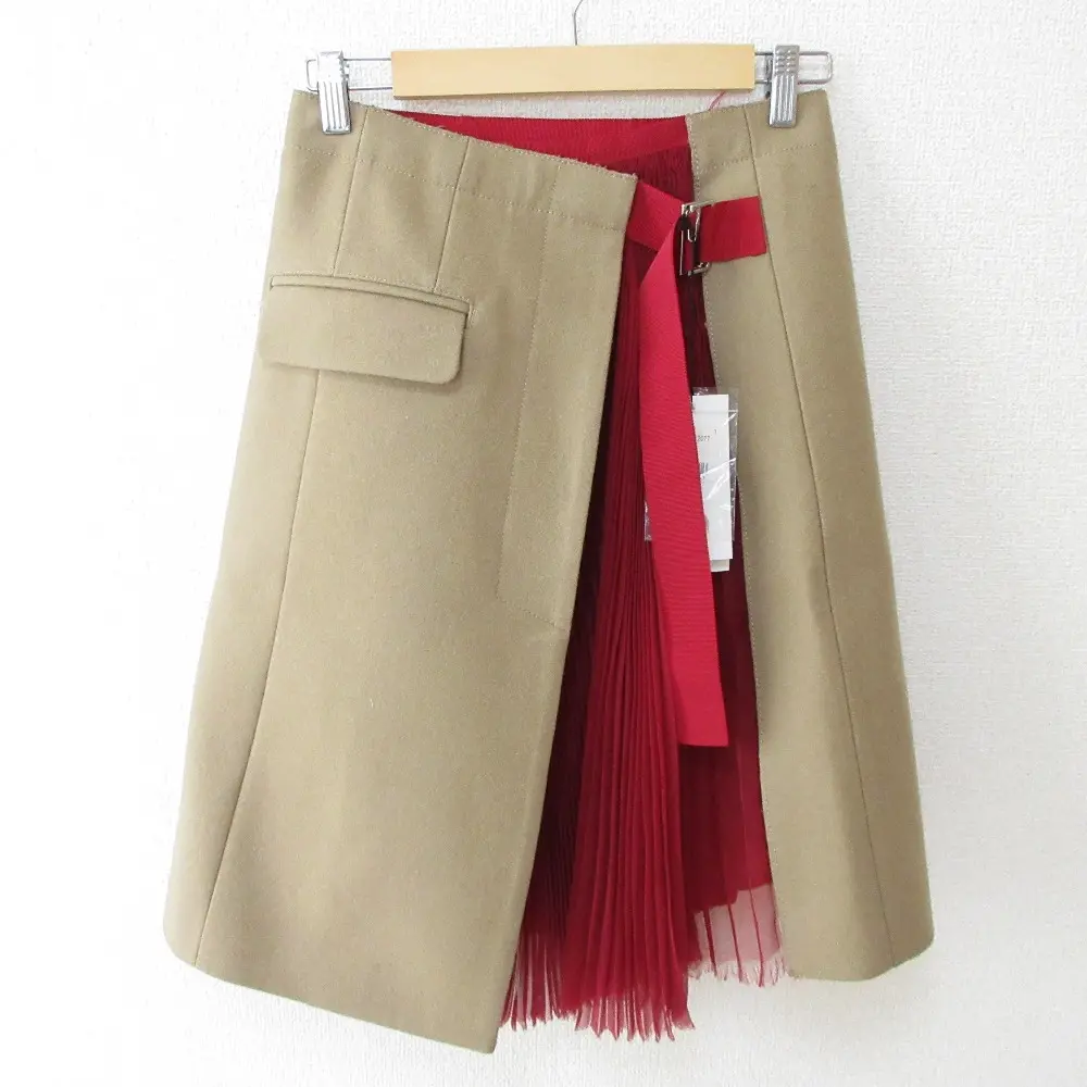 sacai サカイ プリーツ切替 ウール ラップスカート 1 ベージュ レッド