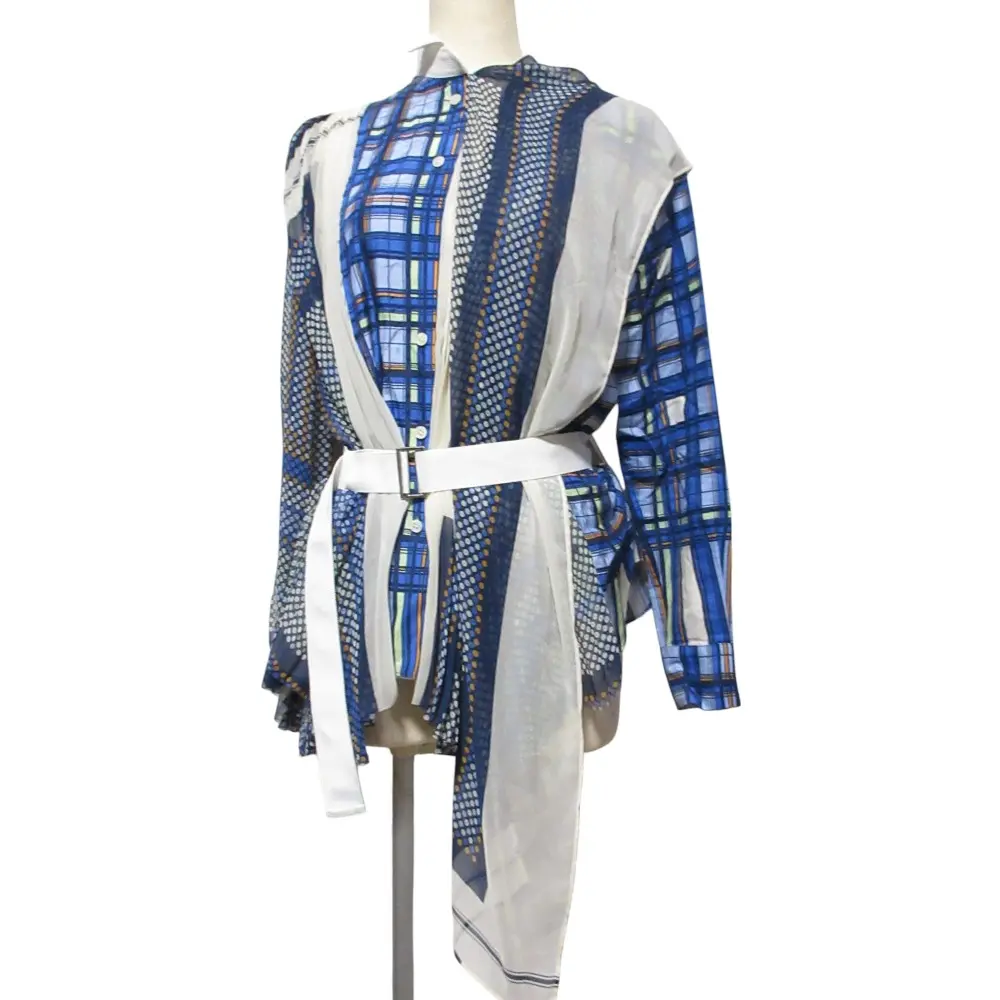 sacai サカイ アシンメトリー シフォン メッシュ プリーツシャツ ブラウス サイズ 1 ブルー