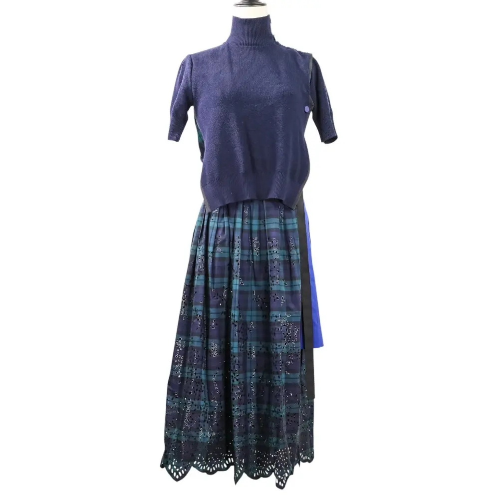 sacai サカイ ニットドッキング ブラックウォッチ チェック スカラップ ワンピース サイズ1 15-02230 ネイビー