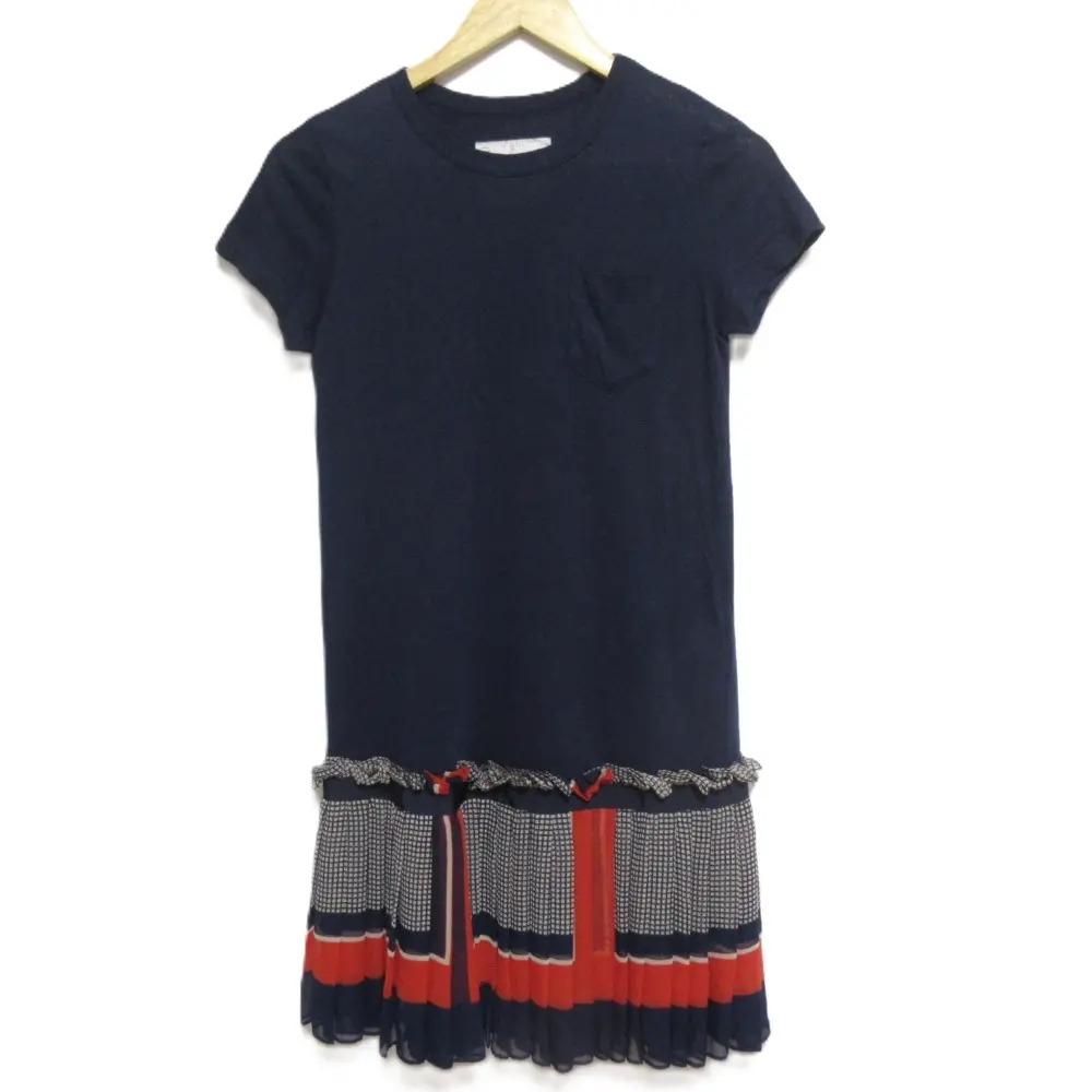 sacai サカイ リネンブレンド プリーツヘム 半袖 ひざ丈 カットソーワンピース サイズ1 ネイビー系