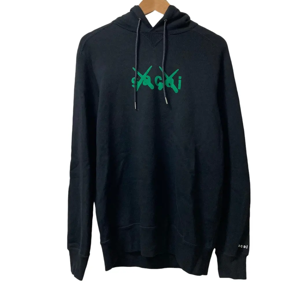 sacai×KAWS サカイ×カウズ Flock Print Hoodie プルオーバーパーカー 21-0286S サイズ2 ブラック×グリーン