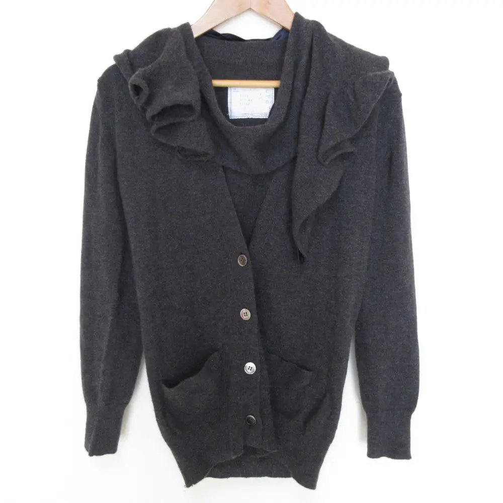 sacai サカイ ウール アンゴラブレンド マフラー付き ニット カーディガン サイズ1 グレー