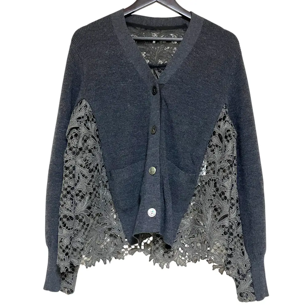 Sacai サカイ レースドッキング 長袖 Vネック リブニットカーディガン 22-06229 サイズ1 グレー