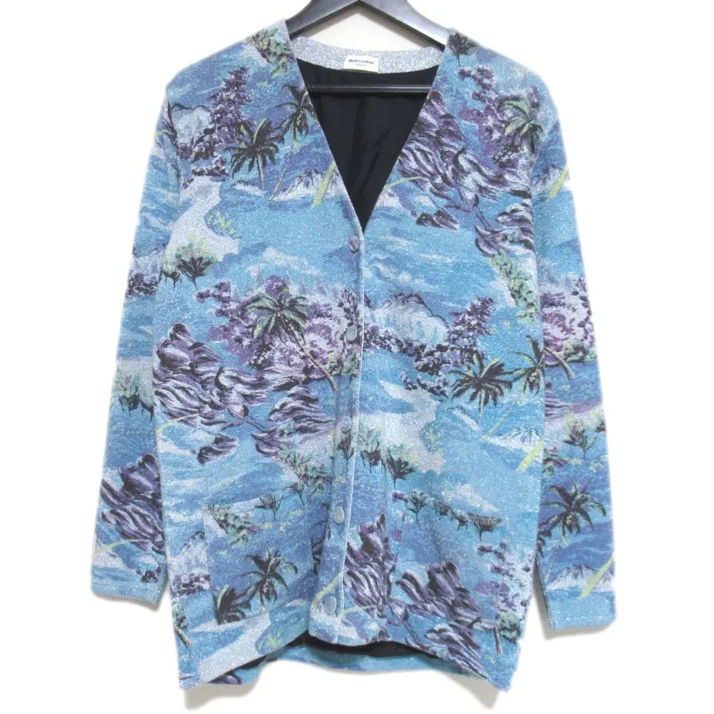 SAINT LAURENT PARIS サンローランパリ 総柄 ロングスリーブ Vネック ラメニット カーディガン XSサイズ 155/80 ブルー系