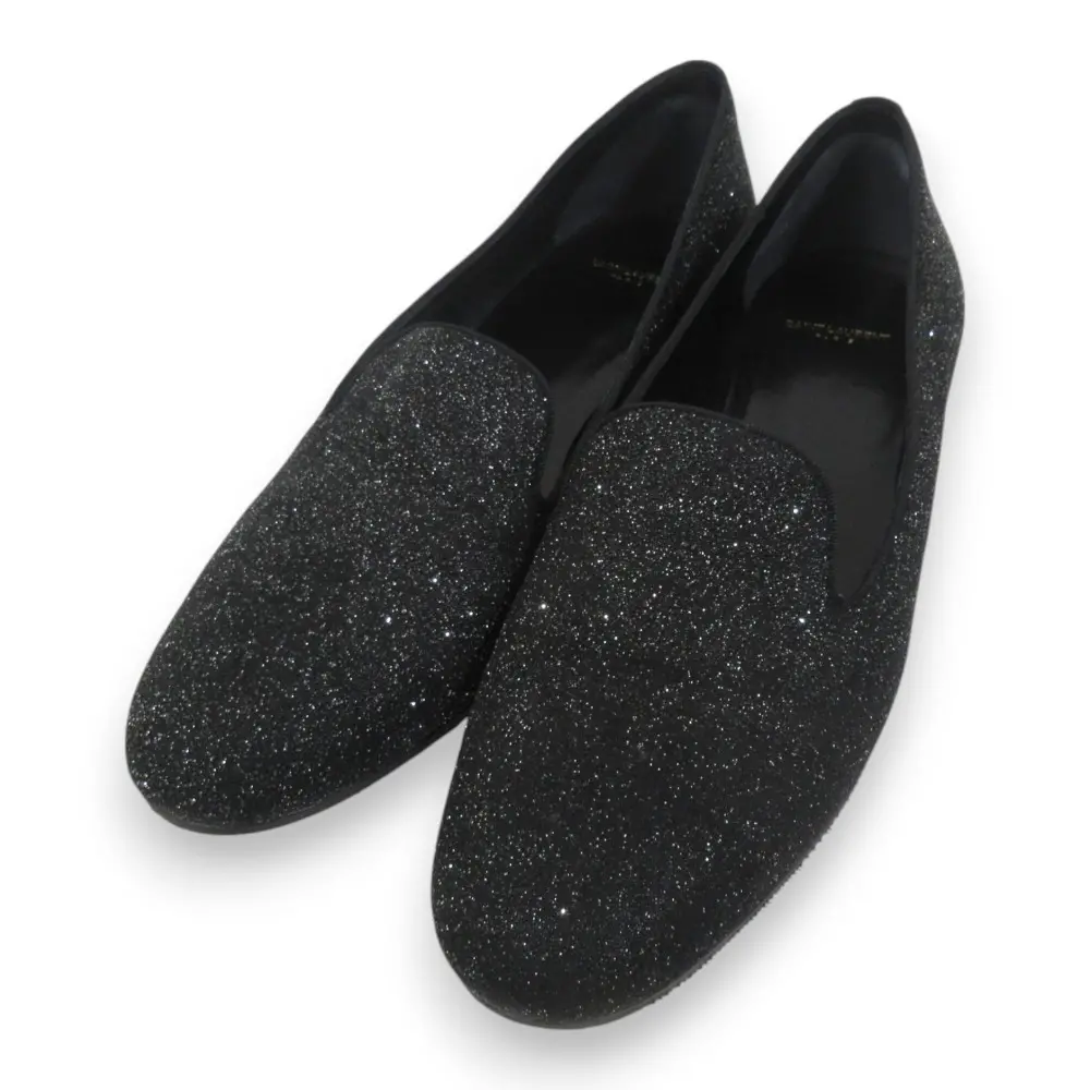 SAINT LAURENT PARIS サンローランパリ グリッター オペラシューズ スリッポン フラットシューズ 37.5 約24.5cm ブラック