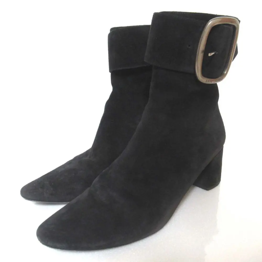 SAINT LAURENT PARIS サンローランパリ スエード レザー チャンキーヒール ベルト ショートブーツ 532031 38 24cm相当 ブラック