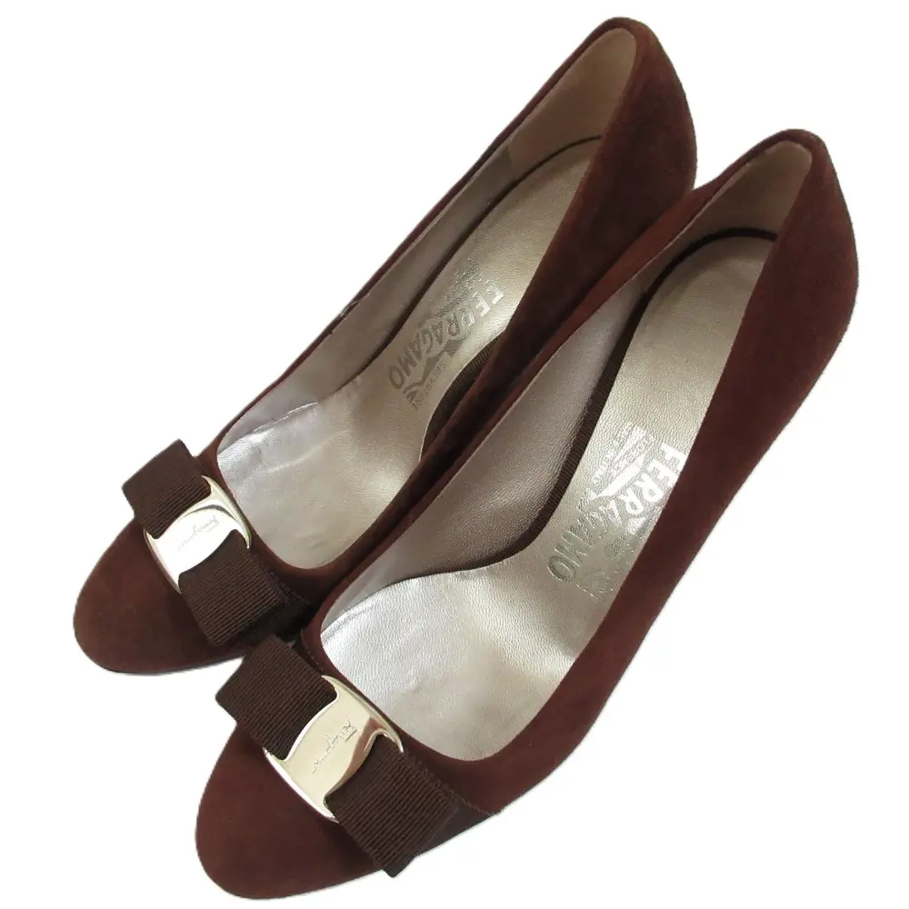 Salvatore Ferragamo サルヴァトーレフェラガモ ヴァラリボン スエード ウェッジソール パンプス 6.5C 24cm相当 ブラウン