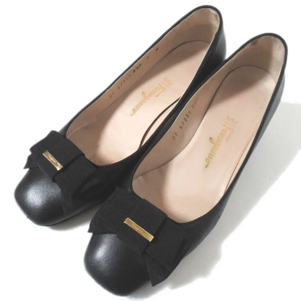 Salvatore Ferragamo サルヴァトーレフェラガモ マイフェラガモ レザー スクエアトゥ リボン パンプス 7 M 24.5cm ブラック