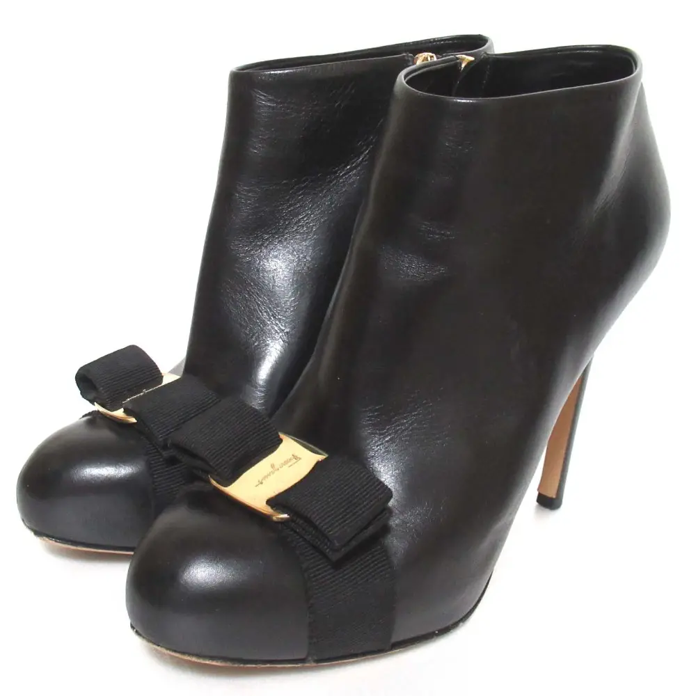 Salvatore Ferragamo サルヴァトーレフェラガモ ヴァラリボン レザー ハイヒール ブーティ ショートブーツ 6C 23.5cm相当 ブラック
