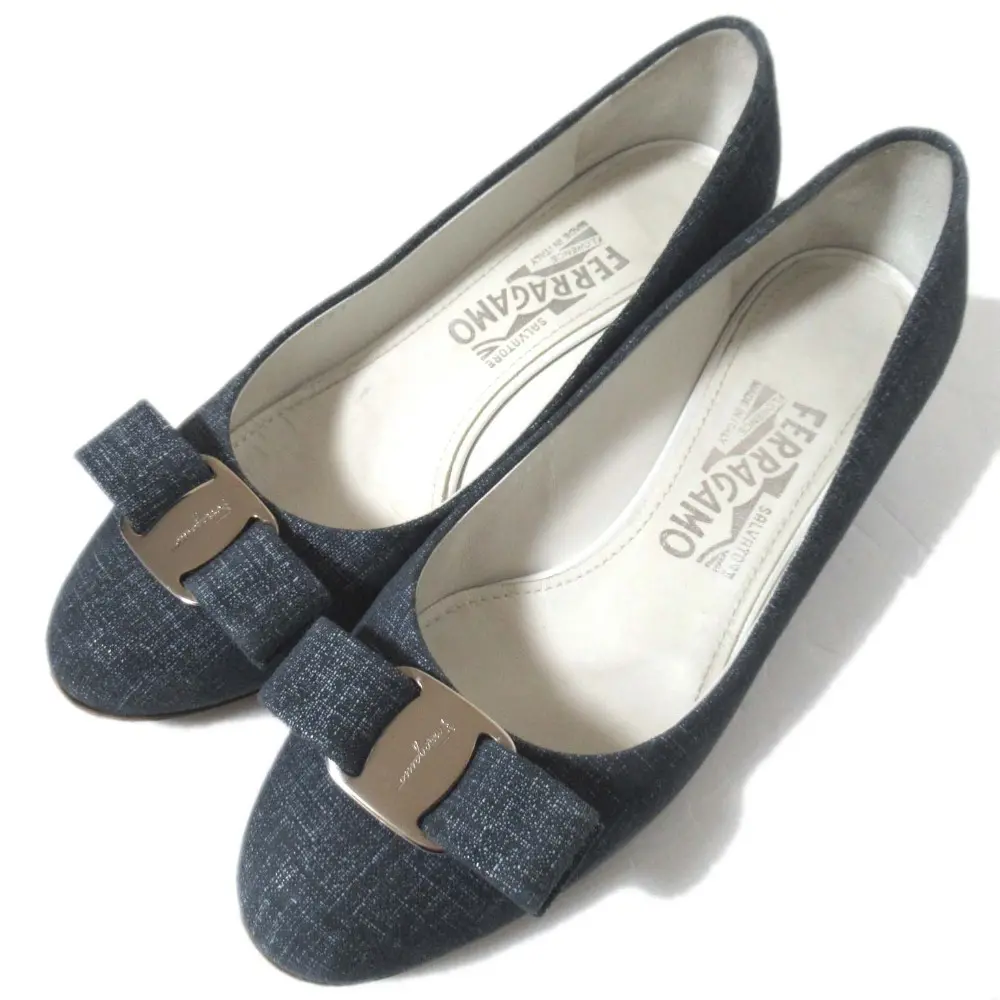 Salvatore Ferragamo サルヴァトーレフェラガモ VARA DENIM ヴァラリボン スエード レザー デニム柄 パンプス 5D 22.5cm インディゴ