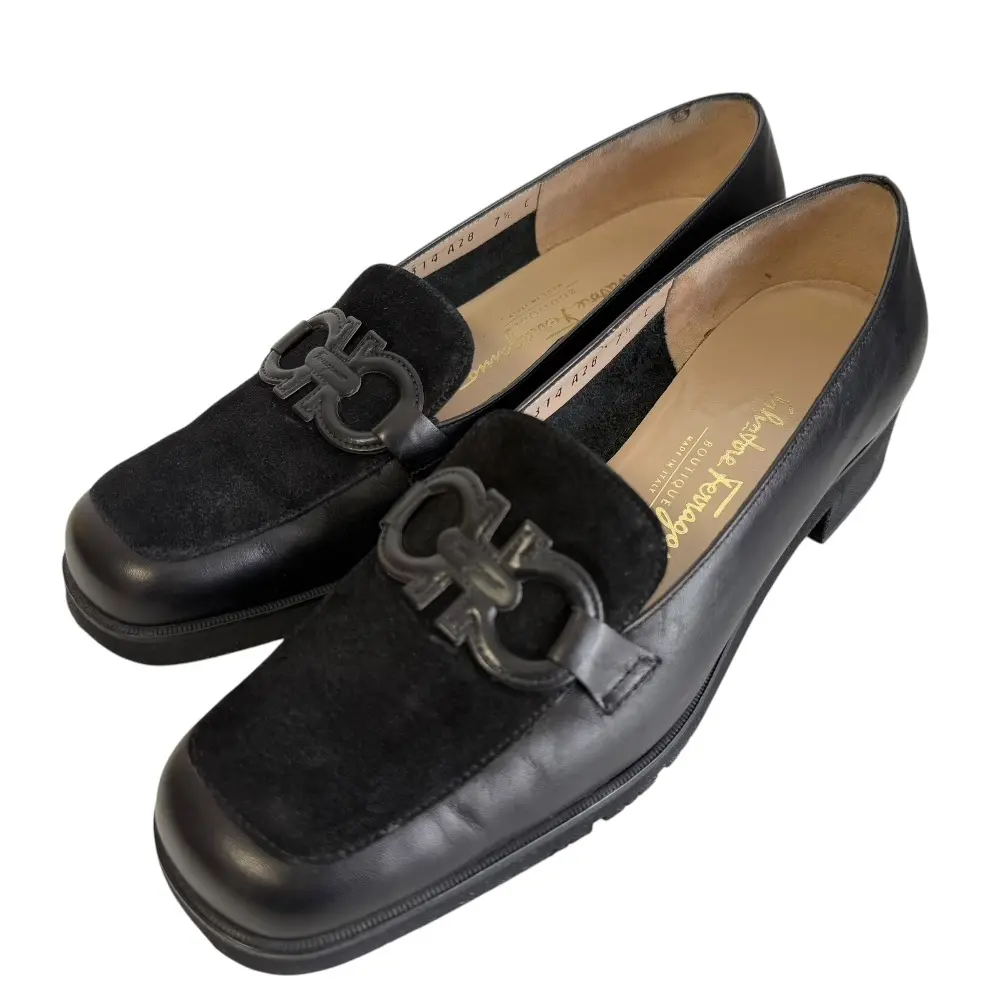 Salvatore Ferragamo サルヴァトーレフェラガモ ガンチーニ レザー×スエード スクエアトゥ ローファー 7.5 C 25cm相当 ブラック