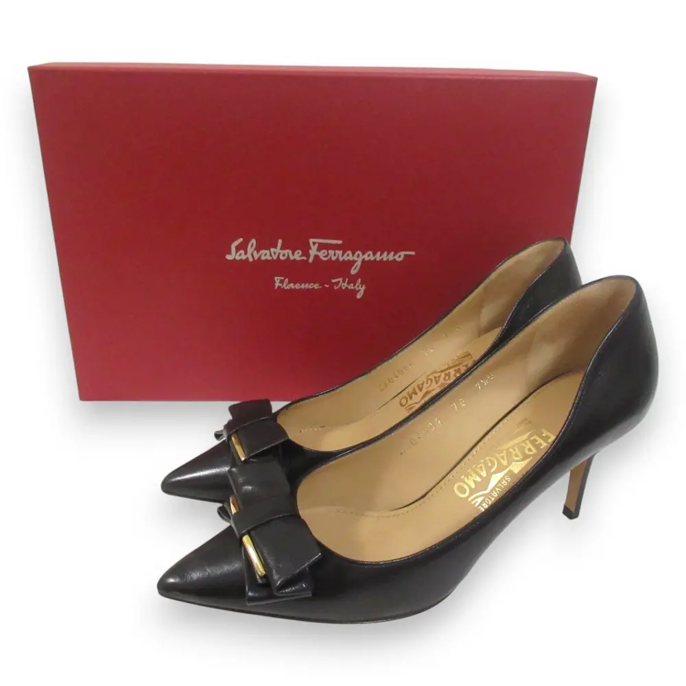 Salvatore Ferragamo サルヴァトーレフェラガモ RUNA 70 レザー リボン装飾 ポインテッドトゥ パンプス 7D 約24.5cm ブラック