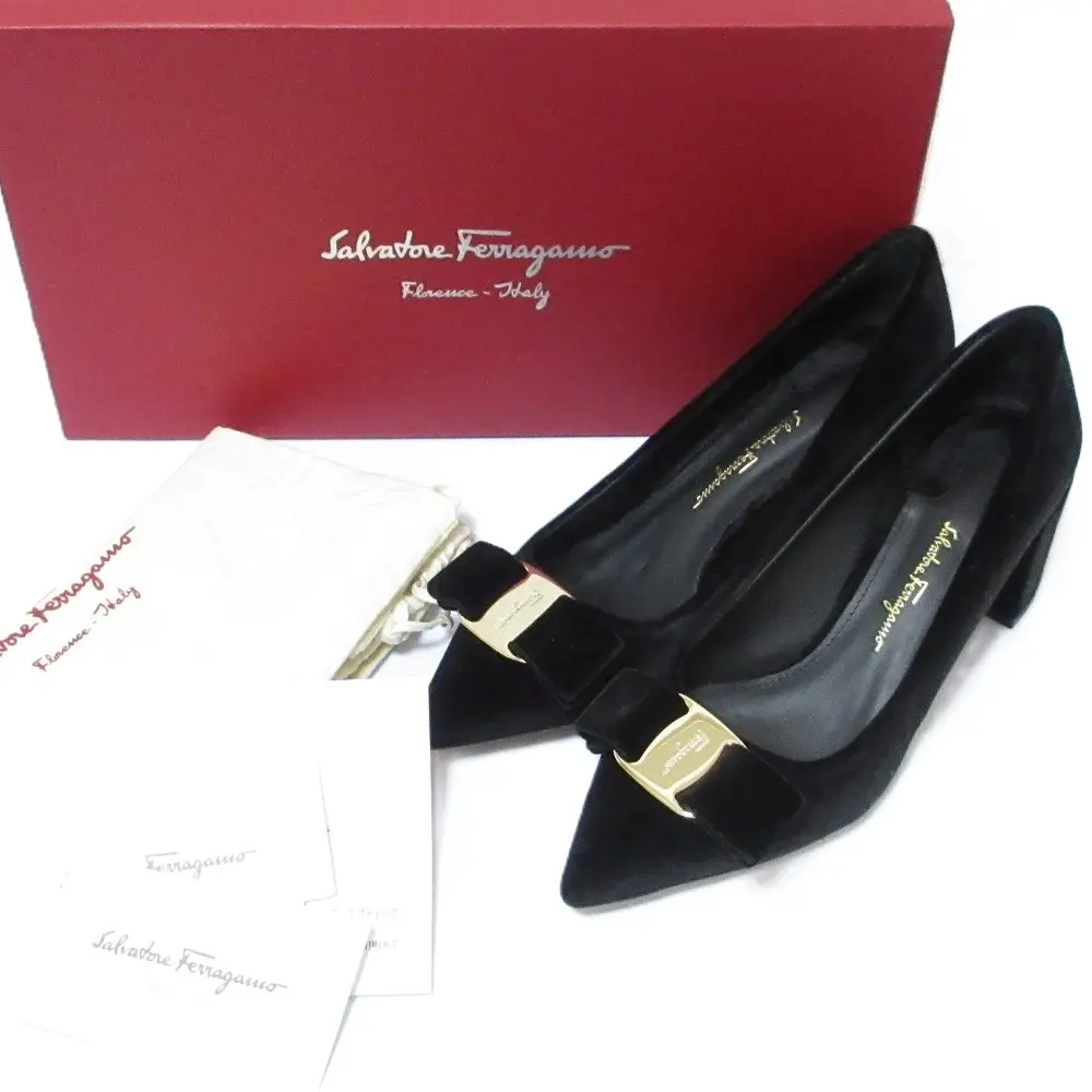 Salvatore Ferragamo サルヴァトーレフェラガモ アリス ベルベット ヴァラリボン ポインテッドトゥ パンプス 5D 22.5cm ブラック