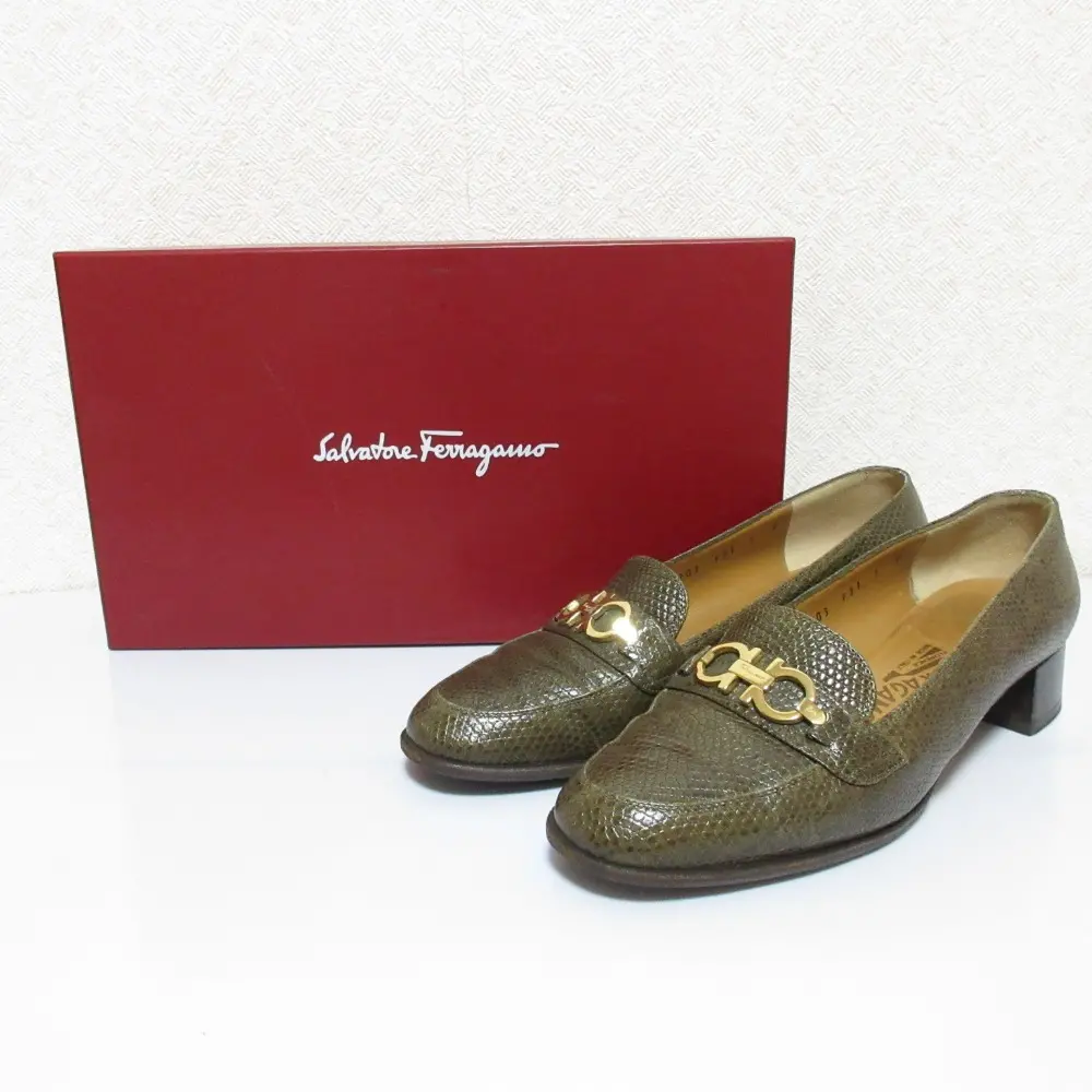 Salvatore Ferragamo サルヴァトーレフェラガモ ガンチーニ レザー リザード型押し ビットローファー 6 D 23.5cm相当 グリーン