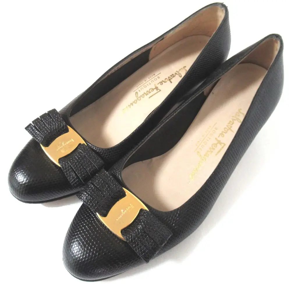 Salvatore Ferragamo サルヴァトーレフェラガモ リザードレザー ヴァラリボン パンプス 6C 約23.5cm ブラック ゴールド金具