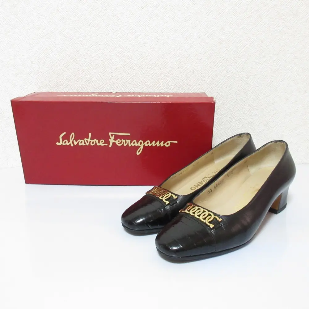 Salvatore Ferragamo サルヴァトーレフェラガモ FAENZA ガンチーニ レザー クロコ型押し 切替 パンプス 5.5 D 23cm ブラック