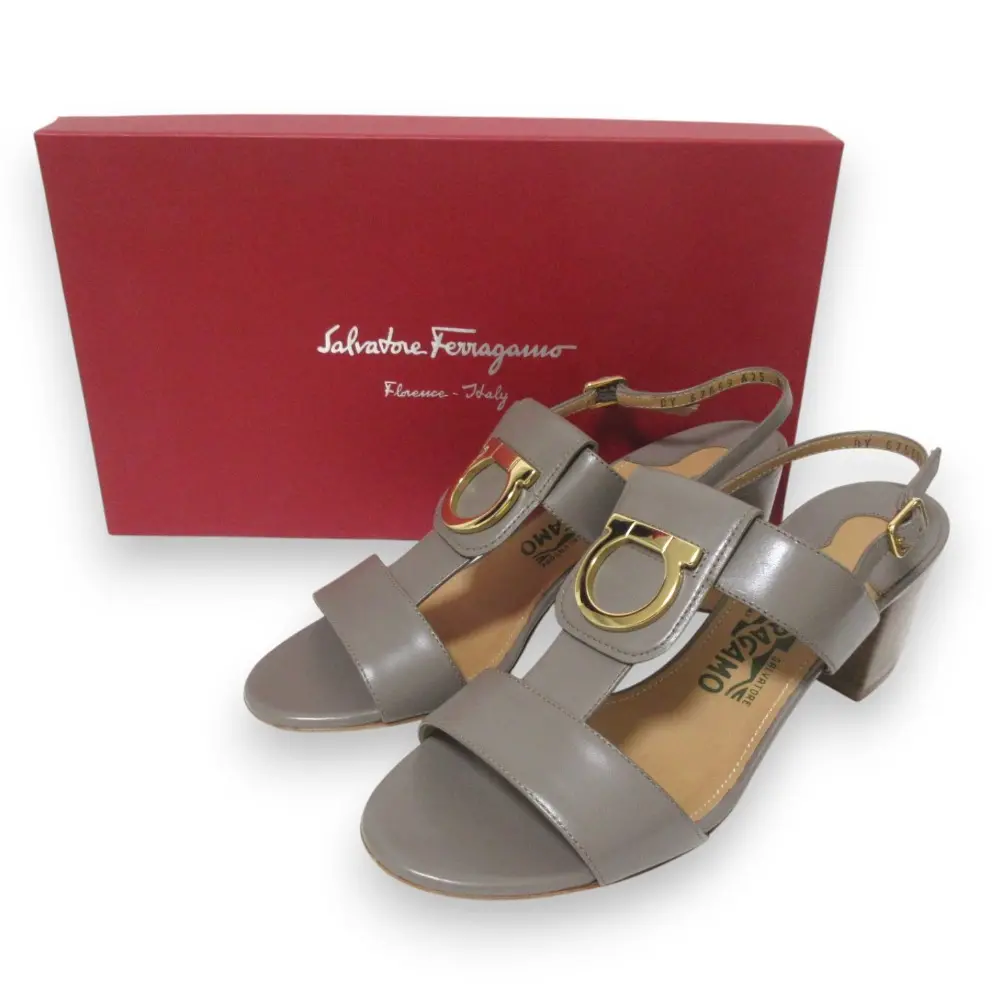 Salvatore Ferragamo サルヴァトーレフェラガモ ROVENA C 5cm ガンチーニ レザー チャンキーヒール サンダル 8C 約25.5cm グレー