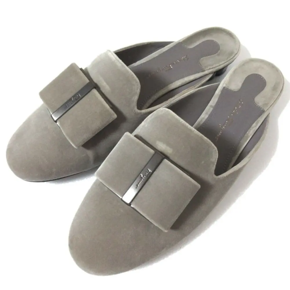 Salvatore Ferragamo サルヴァトーレフェラガモ SCIACCA ベロア リボン ミュール サンダル 8.5Dサイズ 26cm相当 グレー