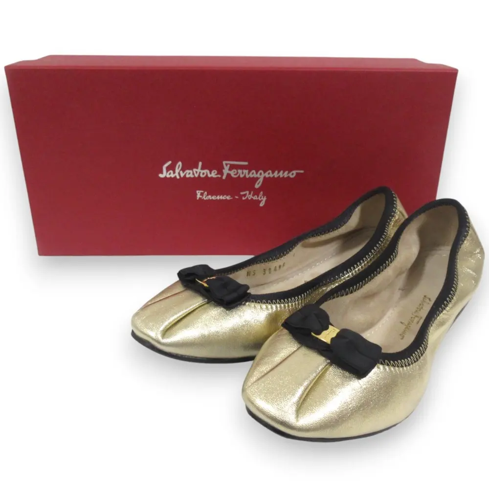 Salvatore Ferragamo サルヴァトーレフェラガモ MY JOY レザー ヴァラリボン バレエシューズ 5C 約22.5cm ゴールドカラー