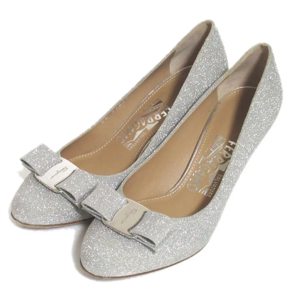 Salvatore Ferragamo サルヴァトーレフェラガモ ヴァラリボン ラメ グリッター パンプス 5D 22.5cm相当 シルバーカラー