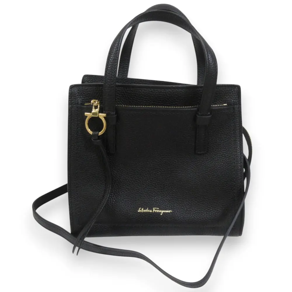 Salvatore Ferragamo サルヴァトーレフェラガモ エイミー ガンチーニ レザー 2WAY スモールトートバッグ ブラック×ゴールド金具