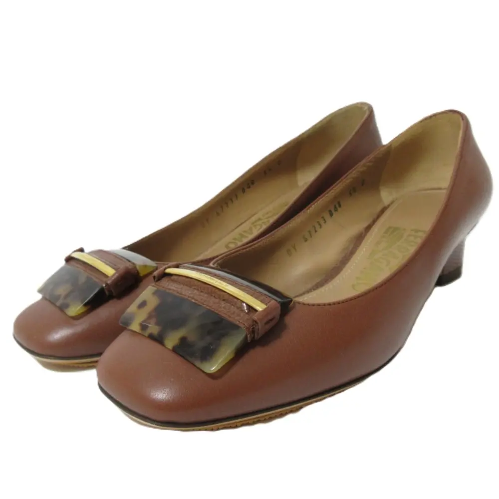 Salvatore Ferragamo サルヴァトーレフェラガモ レザー スクエアトゥ チャンキーヒールパンプス 5 1/2D 約23cm ブラウン