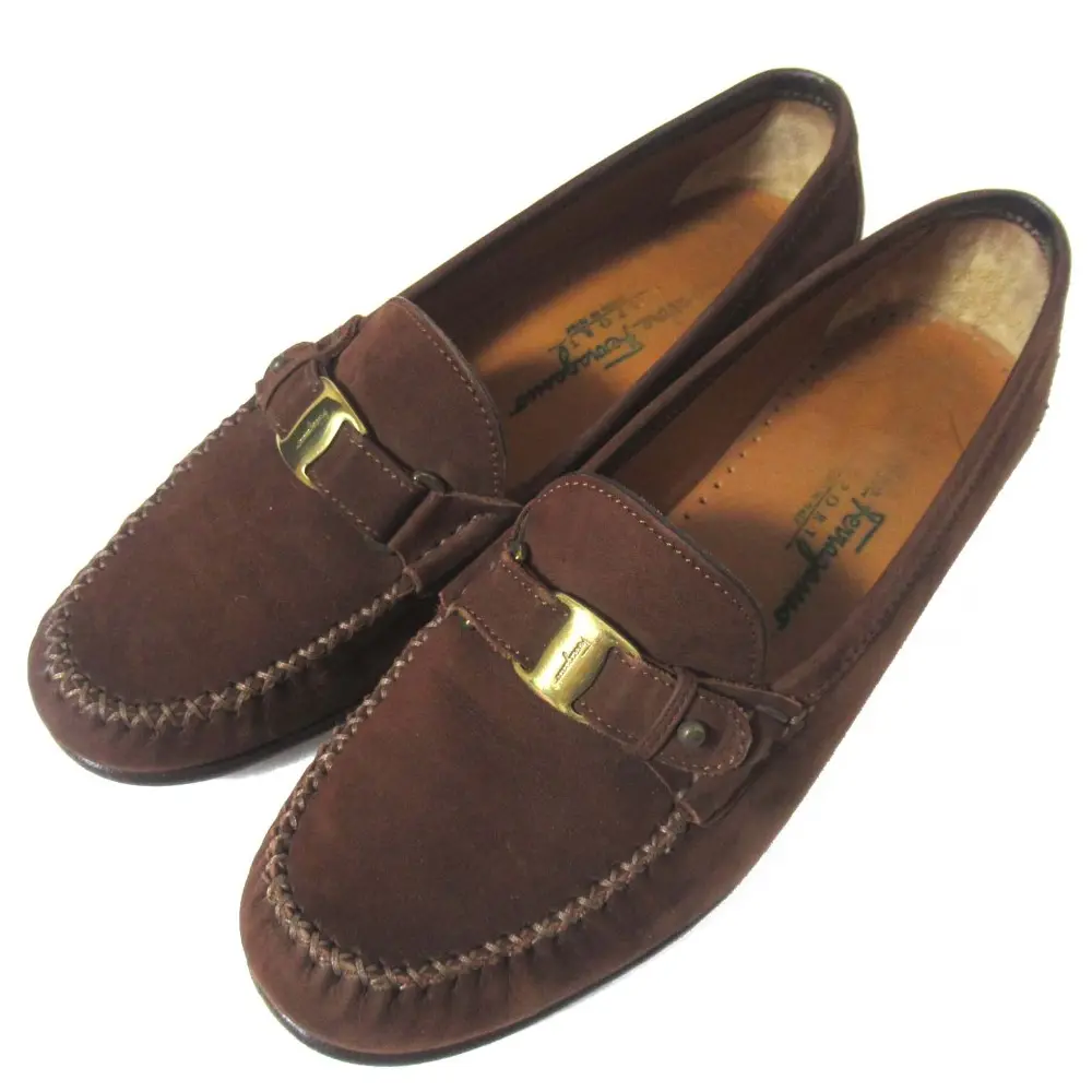 Salvatore Ferragamo サルヴァトーレフェラガモ GLORIA ヴァラ スエード ローファー 6.5C 24cm相当 ブラウン×ゴールド金具