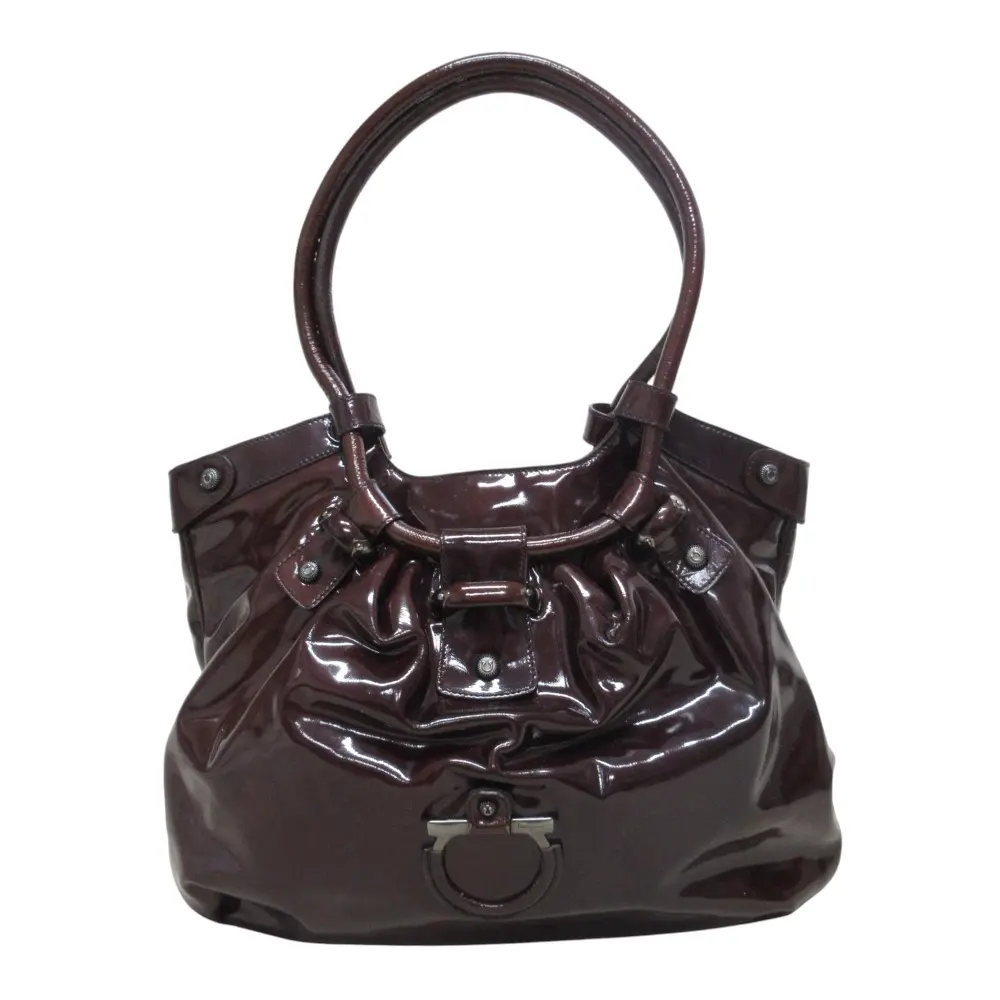 Salvatore Ferragamo サルヴァトーレフェラガモ ガンチーニ パテントレザー ハンドバッグ ショルダーバッグ ブラウン