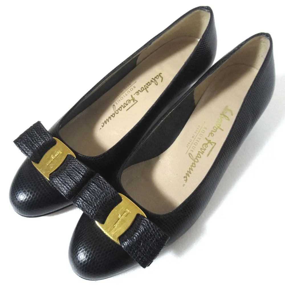 Salvatore Ferragamo サルヴァトーレフェラガモ リザード型押し ヴァラリボン パンプス 5C 22.5cm ネイビー×ゴールド金具