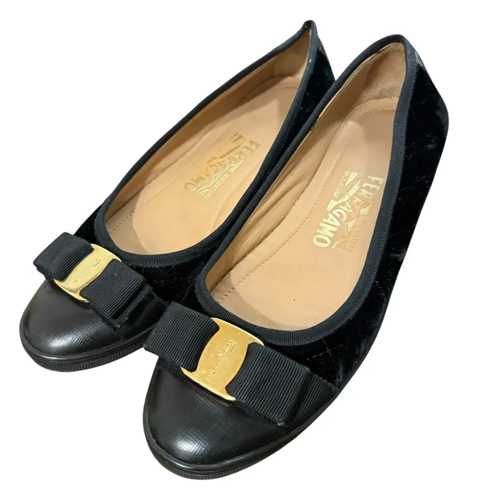 Salvatore Ferragamo サルヴァトーレフェラガモ ヴァラ リボン キルティング フラットパンプス 6 1/2 23.5cm ブラック