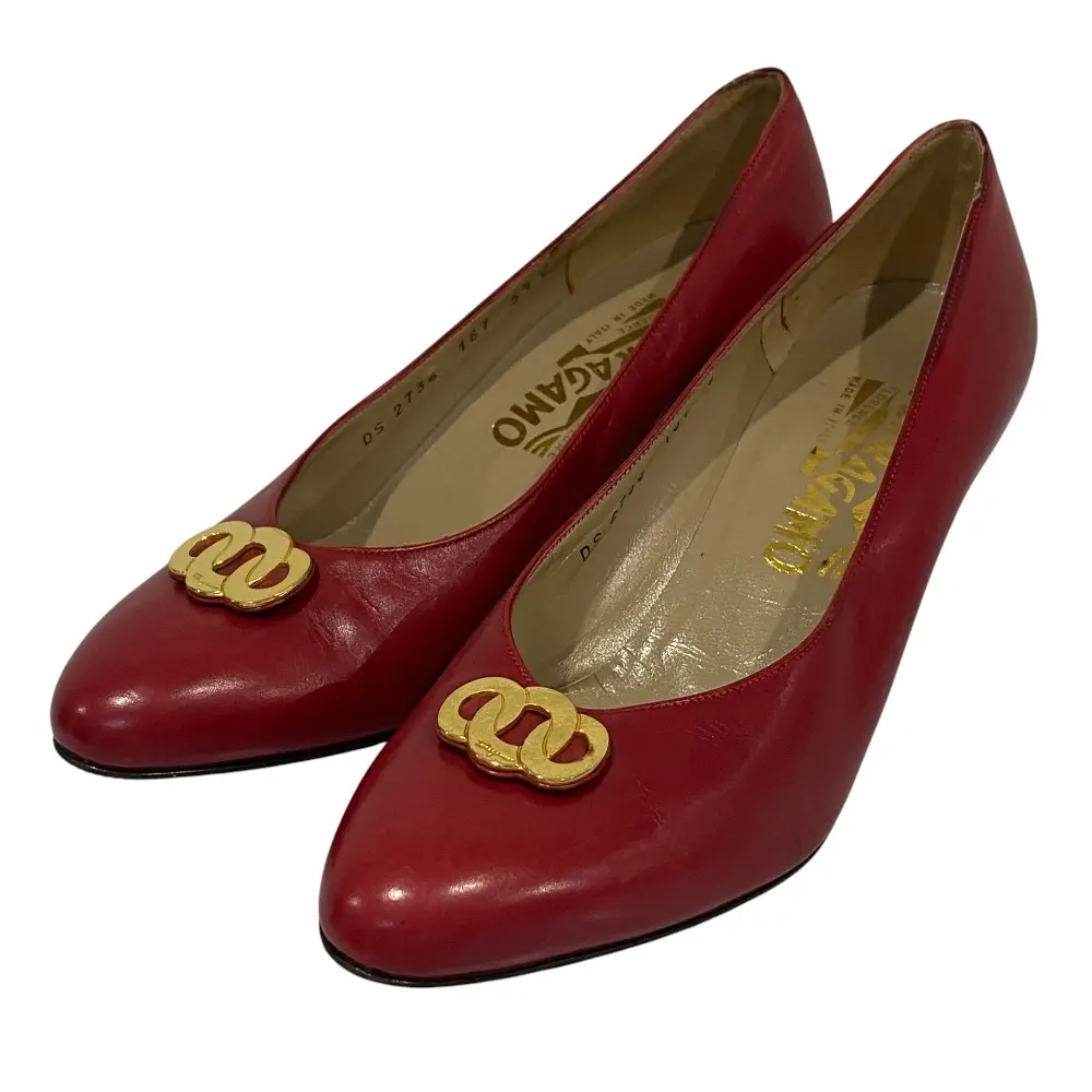 Salvatore Ferragamo サルヴァトーレフェラガモ レザー ゴールド金具 パンプス サイズ5 1/2 C 約22.5cm レッド