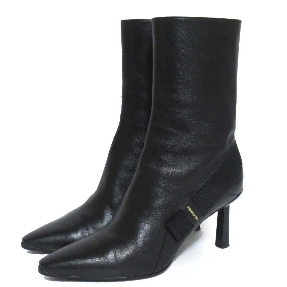 FERRAGAMO フェラガモ レザー ハイヒール ショートブーツ サイズ7D 約24.5cm ブラック